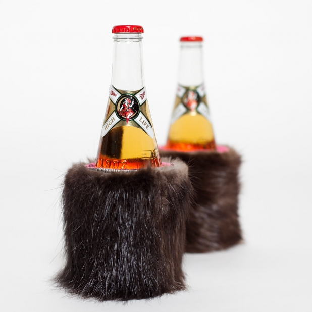 Beaver Fur Can And Bottle Cooler/Cozy With Pink Neoprene Insert  FREESHIPPING!